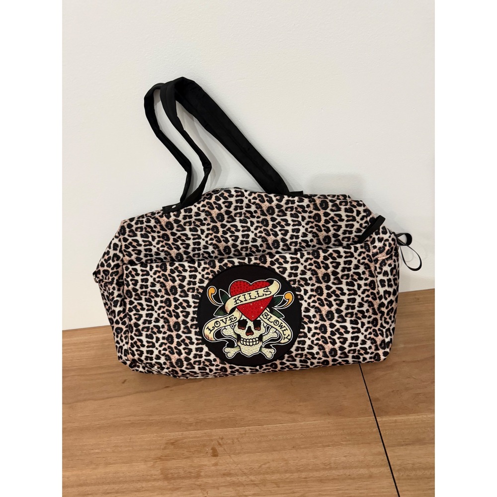 Ed Hardy Leopard Print Duffle Bag Love Kills Slowly Skull Rhinestone Tattoo new